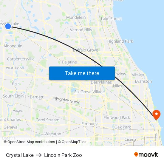 Crystal Lake to Lincoln Park Zoo map