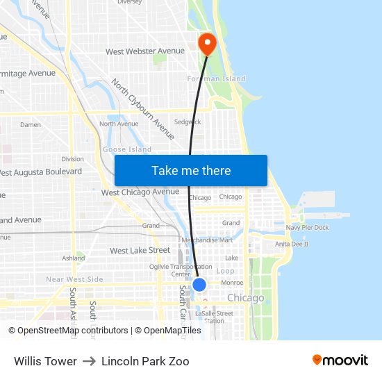 Willis Tower to Lincoln Park Zoo map
