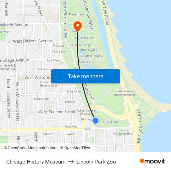 Chicago History Museum to Lincoln Park Zoo map