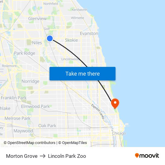 Morton Grove to Lincoln Park Zoo map