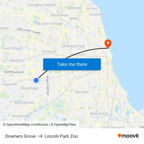 Downers Grove to Lincoln Park Zoo map