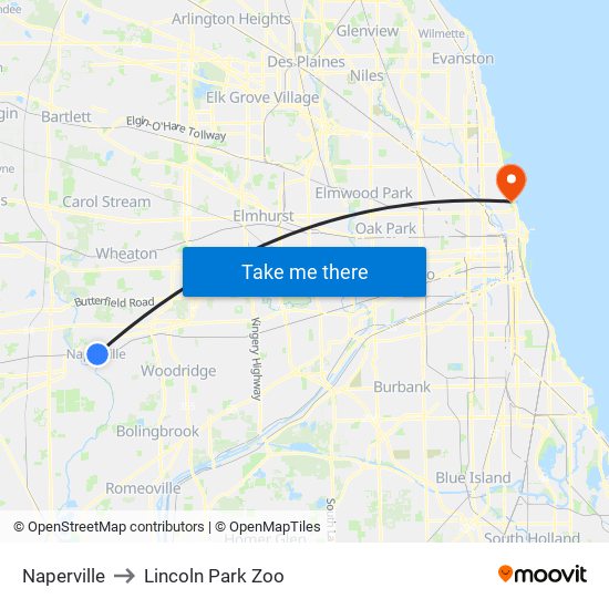 Naperville to Lincoln Park Zoo map