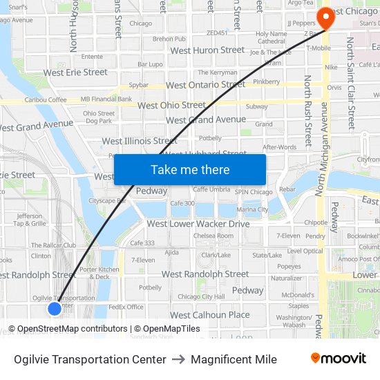 Ogilvie Transportation Center to Magnificent Mile map