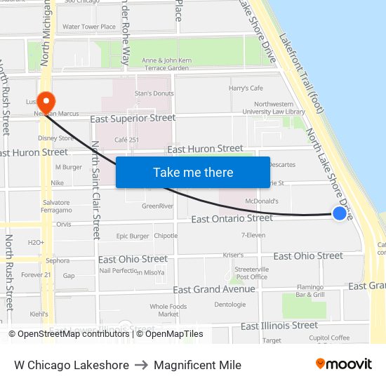 W Chicago Lakeshore to Magnificent Mile map