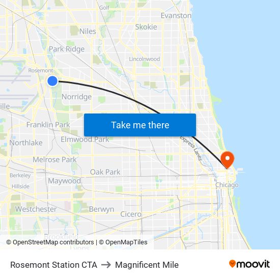 Rosemont Station CTA to Magnificent Mile map