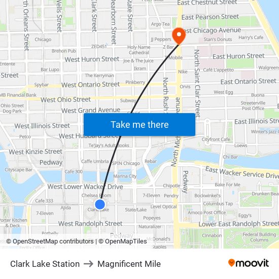 Clark Lake Station to Magnificent Mile map