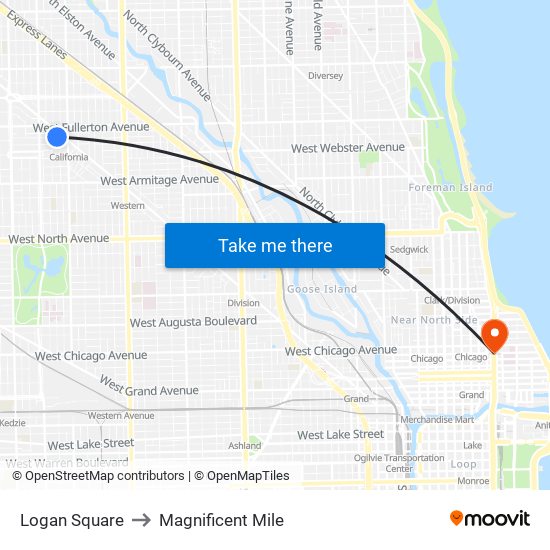 Logan Square to Magnificent Mile map