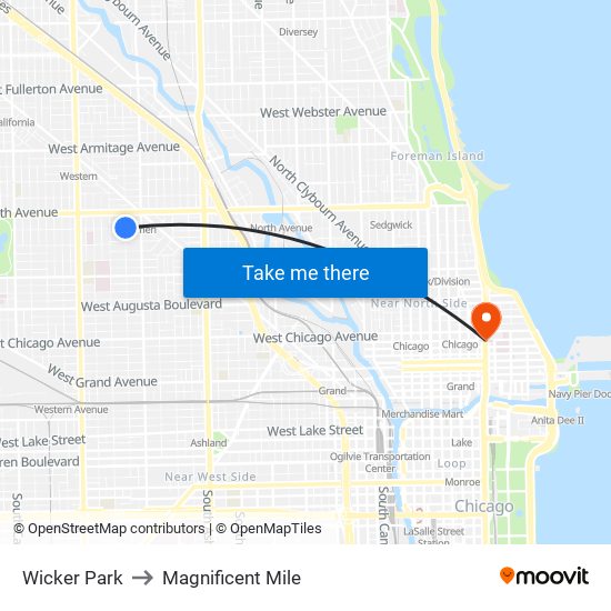 Wicker Park to Magnificent Mile map