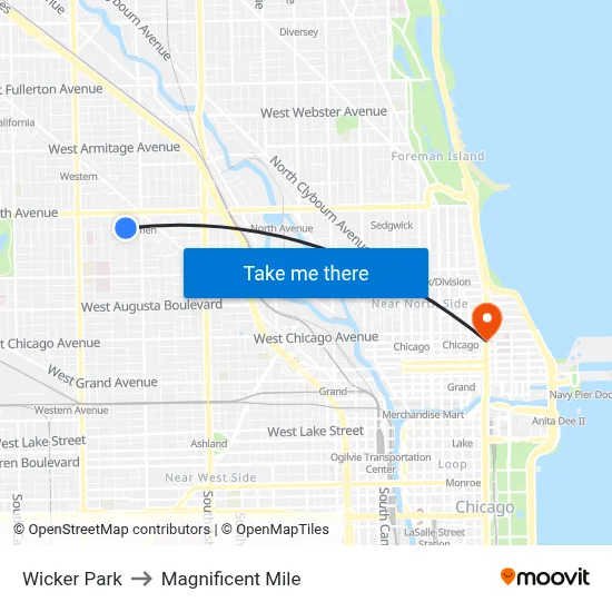 Wicker Park to Magnificent Mile map