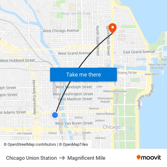 Chicago Union Station to Magnificent Mile map