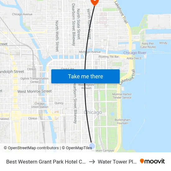 Best Western Grant Park Hotel Chicago to Water Tower Place map