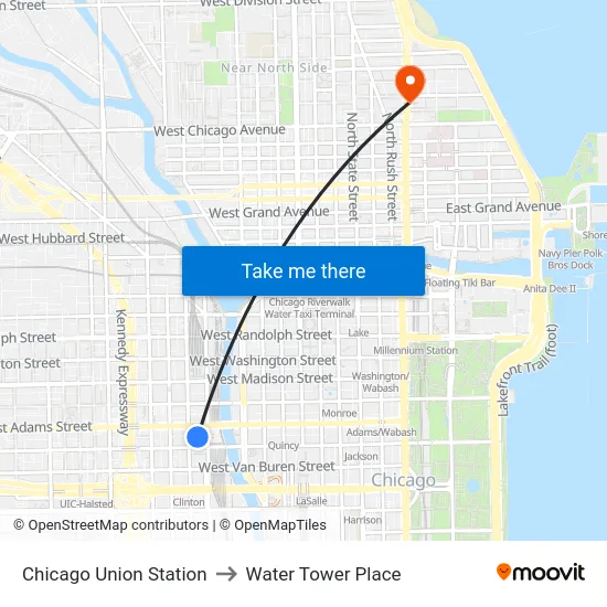 Chicago Union Station to Water Tower Place map
