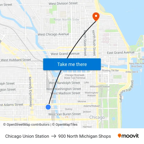 Chicago Union Station to 900 North Michigan Shops map