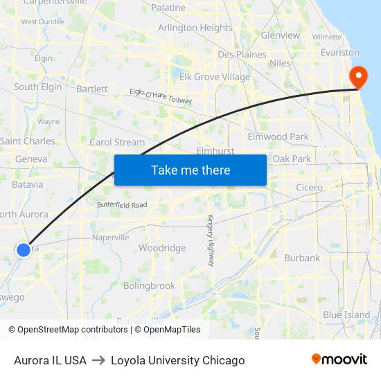 Aurora IL USA to Loyola University Chicago map