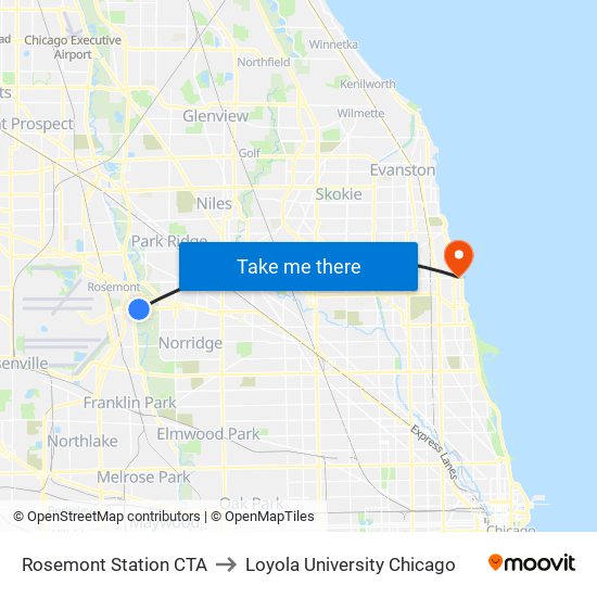 Rosemont Station CTA to Loyola University Chicago map