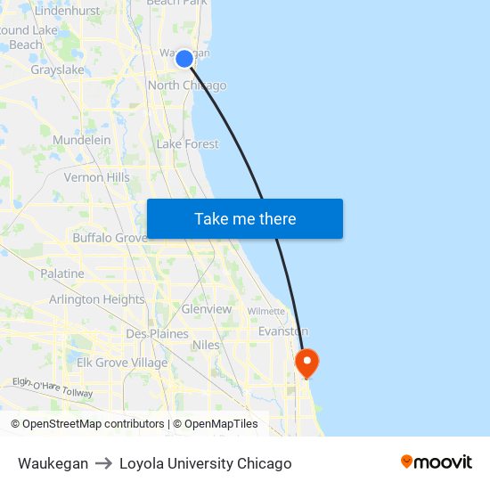 Waukegan to Loyola University Chicago map