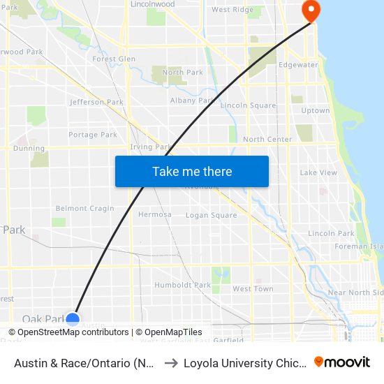 Austin & Race/Ontario (North) to Loyola University Chicago map