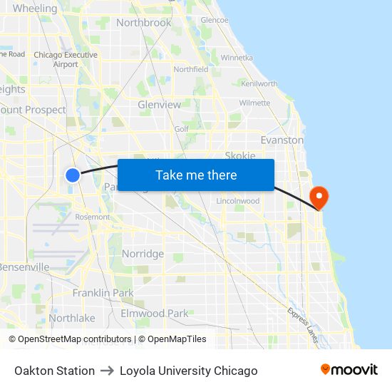 Oakton Station to Loyola University Chicago map
