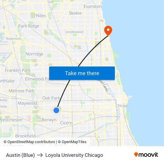 Austin (Blue) to Loyola University Chicago map