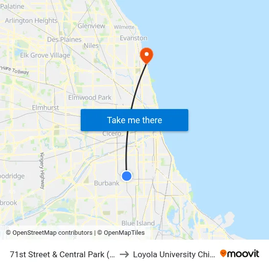 71st Street & Central Park (West) to Loyola University Chicago map