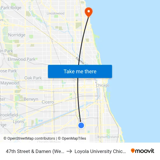 47th Street & Damen (West) to Loyola University Chicago map