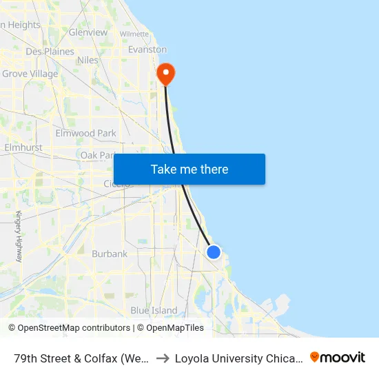 79th Street & Colfax (West) to Loyola University Chicago map