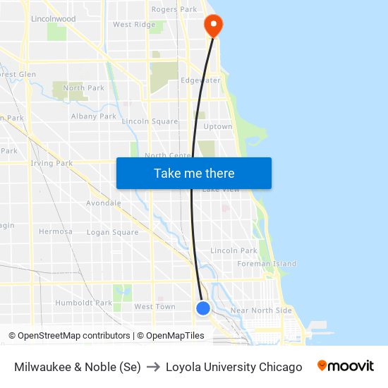 Milwaukee & Noble (Se) to Loyola University Chicago map