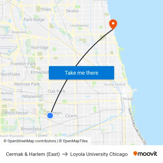 Cermak & Harlem (East) to Loyola University Chicago map