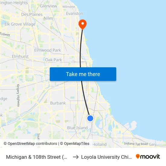 Michigan & 108th Street (North) to Loyola University Chicago map