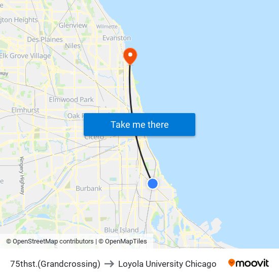 75thst.(Grandcrossing) to Loyola University Chicago map