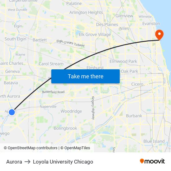 Aurora to Loyola University Chicago map