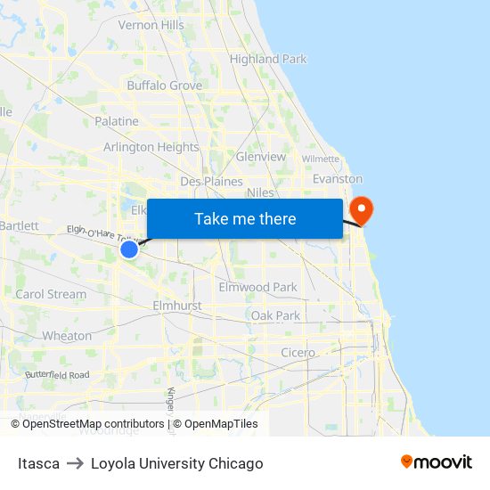 Itasca to Loyola University Chicago map