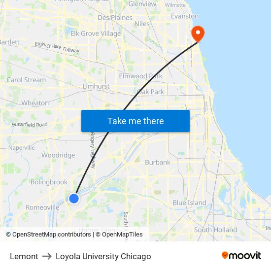 Lemont to Loyola University Chicago map