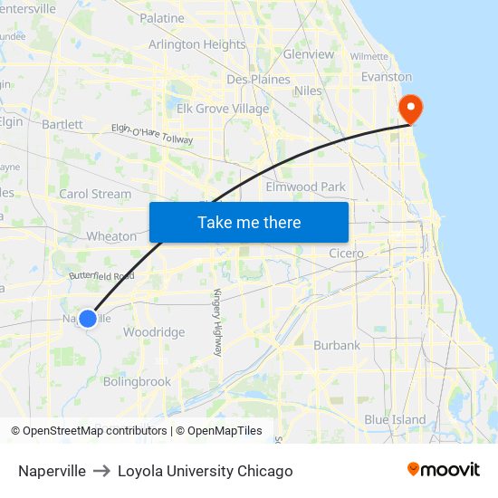 Naperville to Loyola University Chicago map