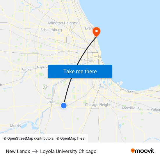 New Lenox to Loyola University Chicago map