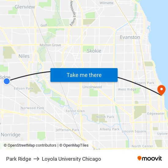 Park Ridge to Loyola University Chicago map