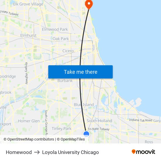 Homewood to Loyola University Chicago map