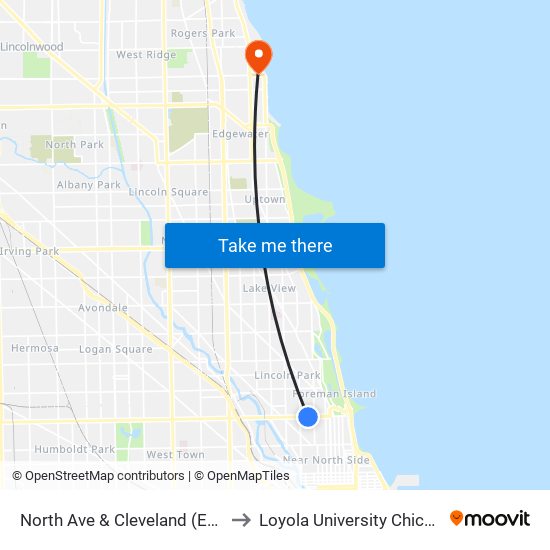 North Ave & Cleveland (East) to Loyola University Chicago map