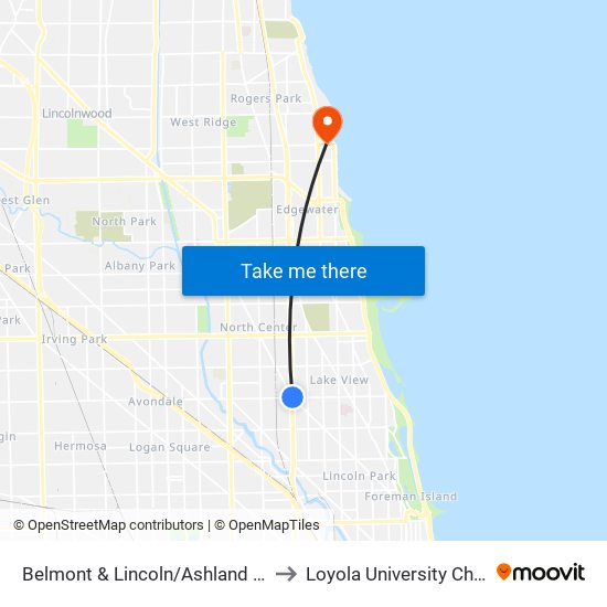 Belmont & Lincoln/Ashland (West) to Loyola University Chicago map