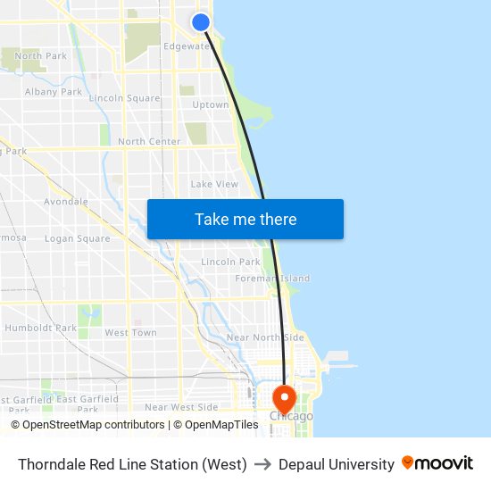 Thorndale Red Line Station (West) to Depaul University map