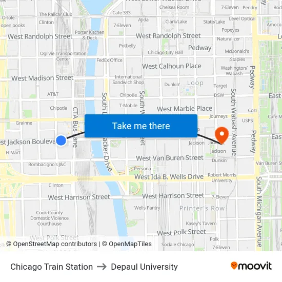 Chicago Train Station to Depaul University map