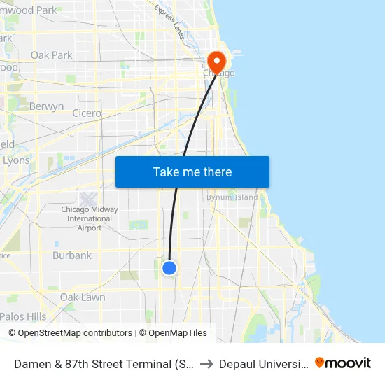Damen & 87th Street Terminal (Se) to Depaul University map
