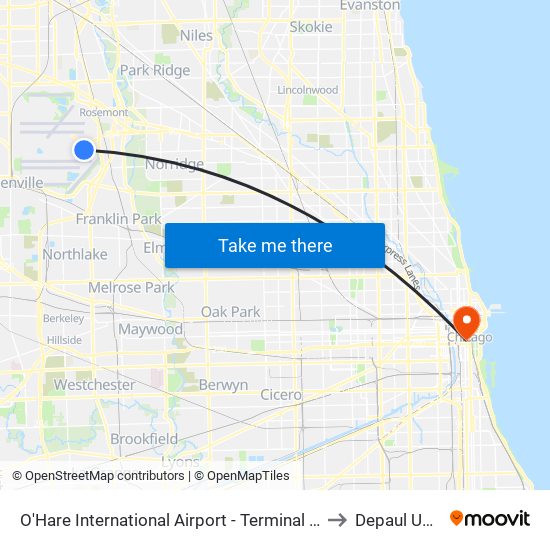 O'Hare International Airport - Terminal 5 Arrivals/Departures to Depaul University map