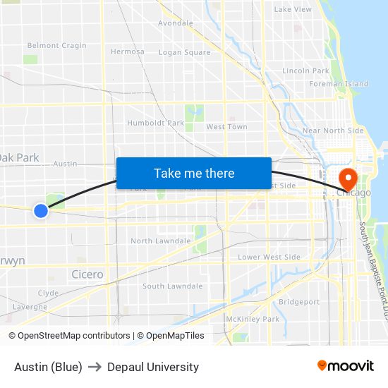 Austin (Blue) to Depaul University map