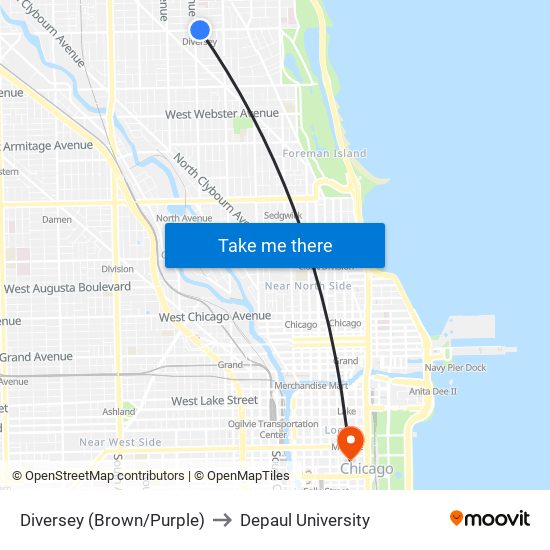 Diversey (Brown/Purple) to Depaul University map