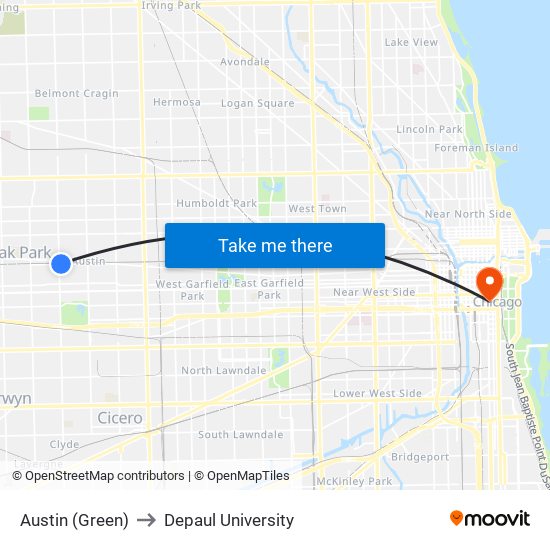 Austin (Green) to Depaul University map