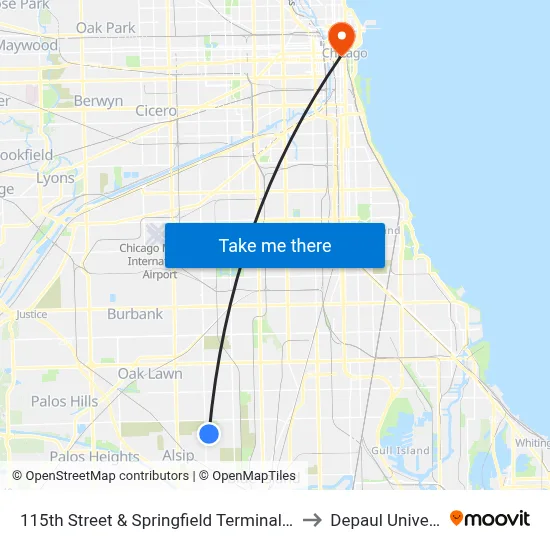 115th Street & Springfield Terminal (South) to Depaul University map
