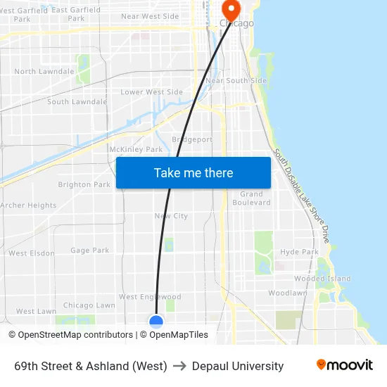 69th Street & Ashland (West) to Depaul University map