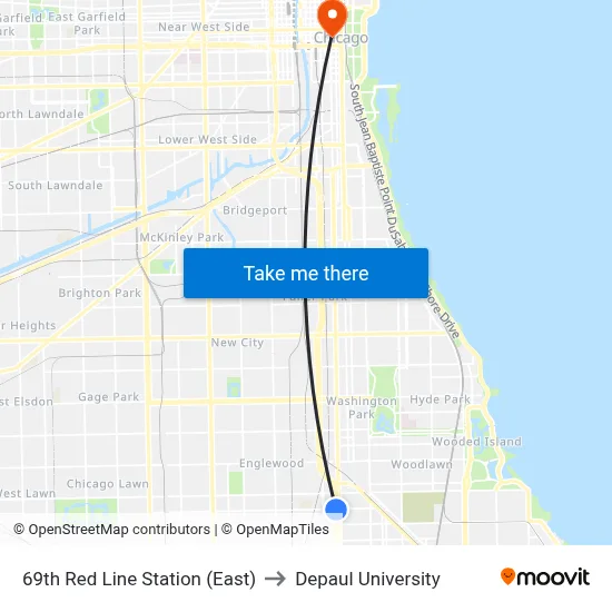 69th Red Line Station (East) to Depaul University map