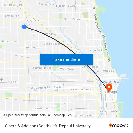 Cicero & Addison (South) to Depaul University map